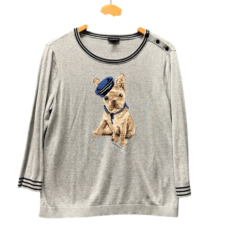 Talbots Sweater Womens Large French Bulldog Frenchie‎ Gray Nautical Pullover